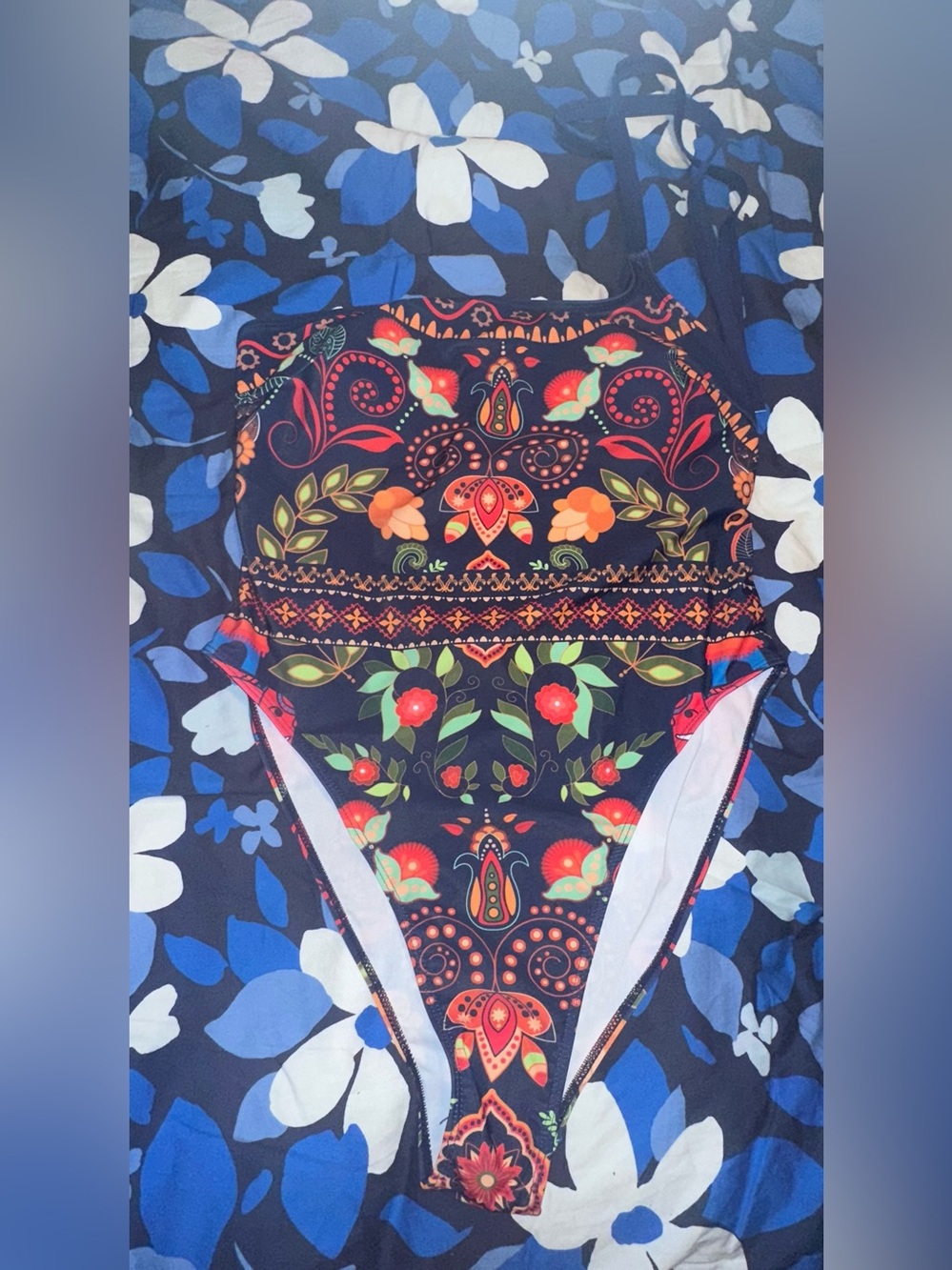 SHEIN Navy One-Piece Swimsuit with Multicolor Floral Folk Print